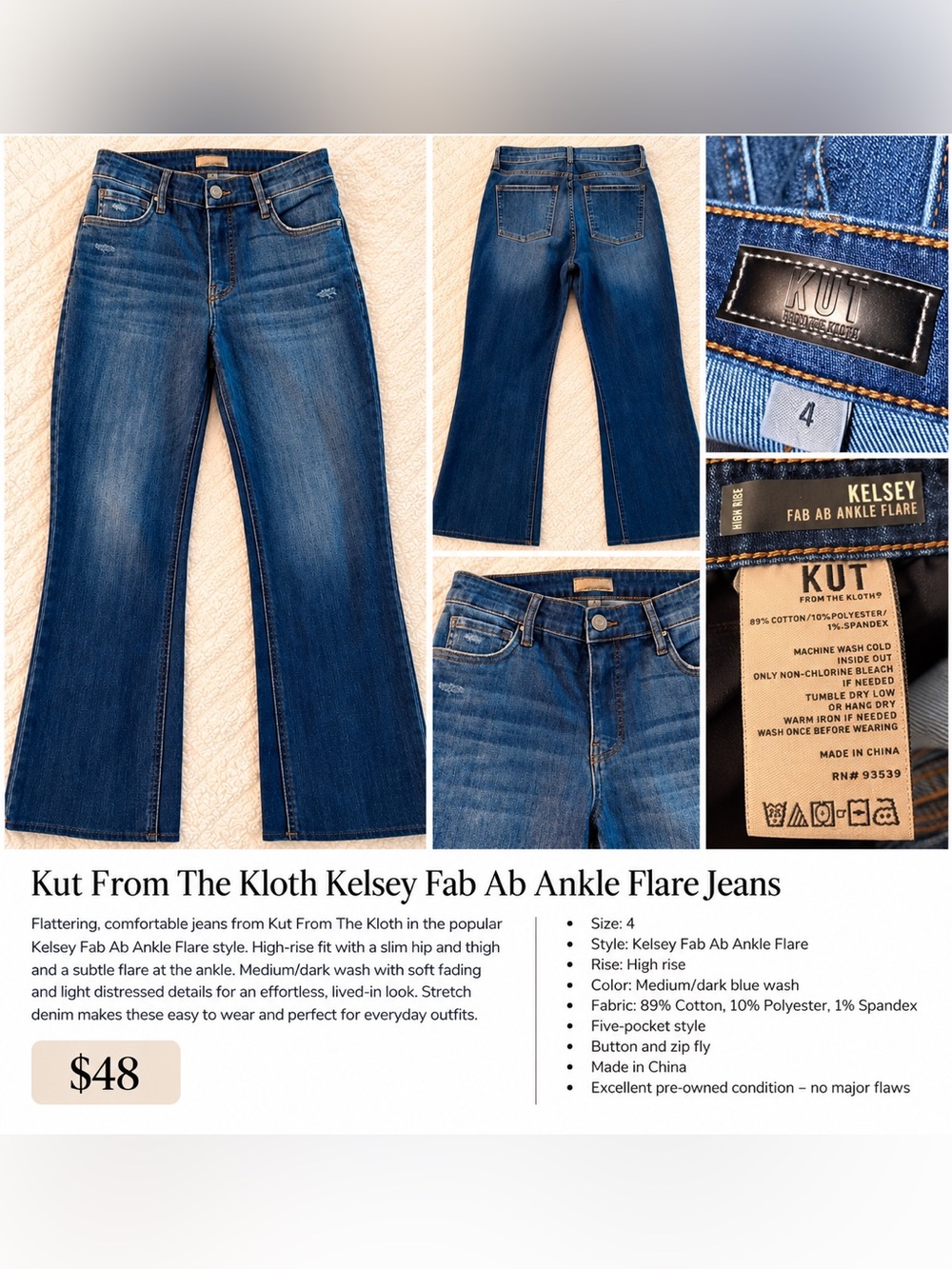 Kut from the Kloth Kelsey Fab Ab Ankle Flare Jeans - Medium/Dark Blue